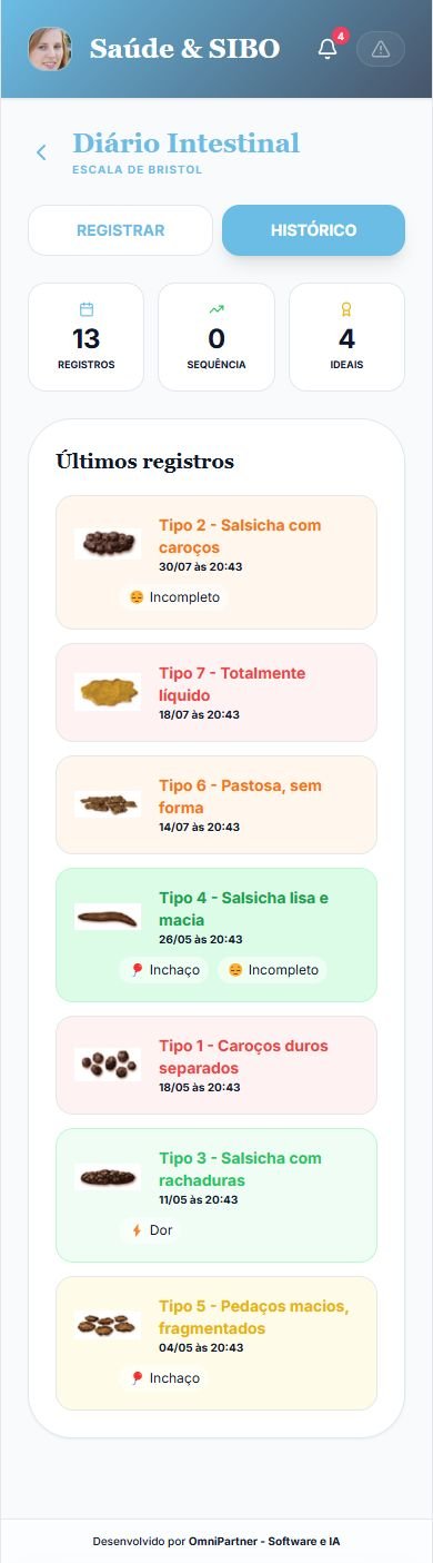Histórico do Diário Intestinal com totais de registros, sequência e registros ideais, seguido da lista dos últimos registros classificados por cor.