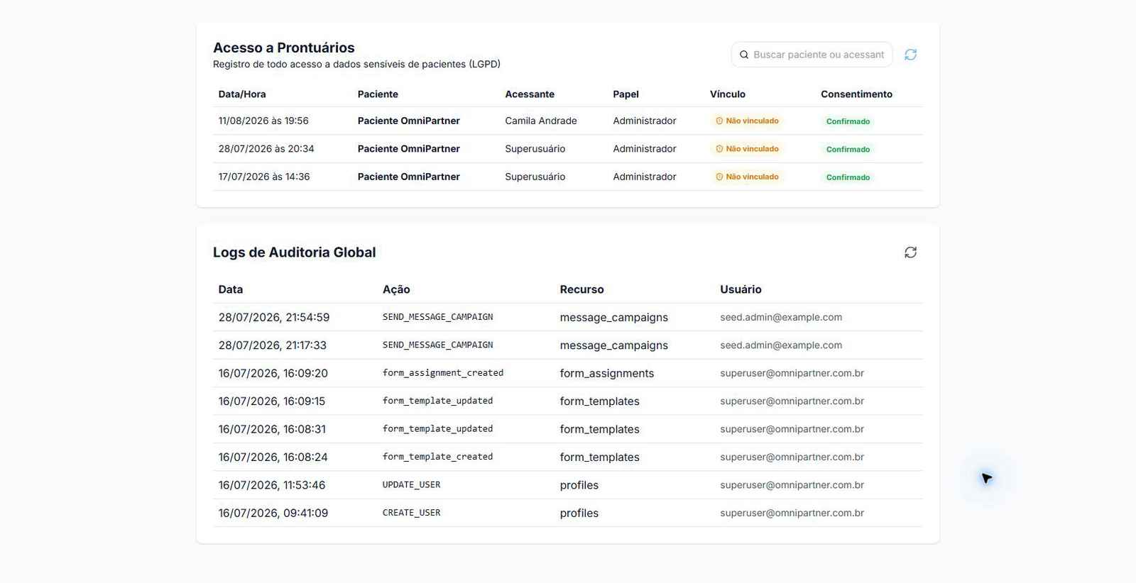 Tela de auditoria com registro de acesso a prontuários informando data, paciente, acessante, papel, vínculo e consentimento, além dos logs de auditoria global.