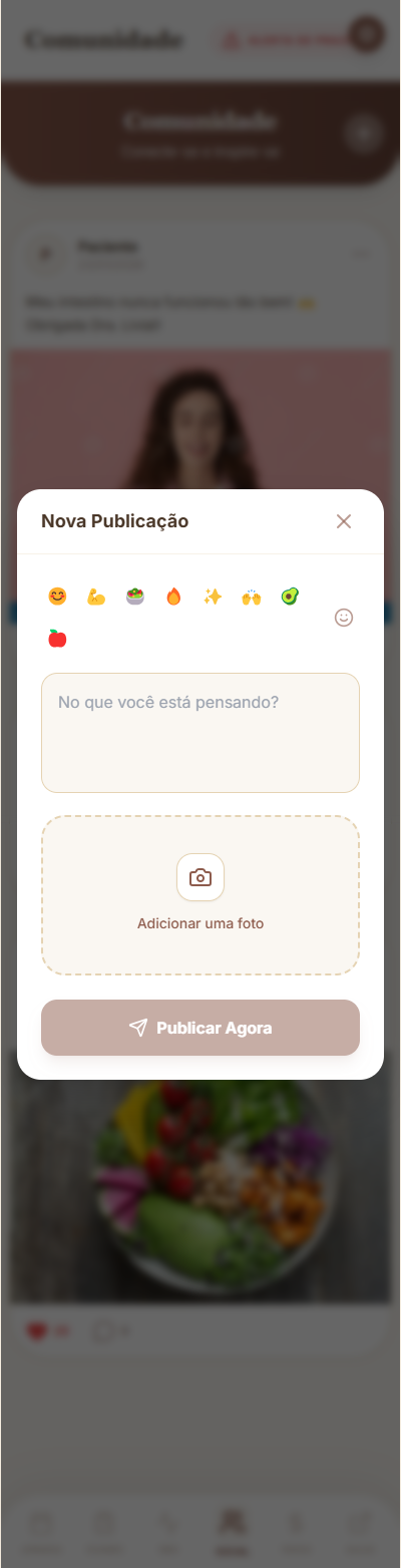 Módulo de comunidade do aplicativo da Dra. Lívia, com a janela Nova Publicação para o paciente escrever, escolher um emoji e adicionar uma foto.