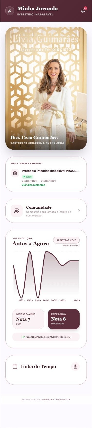 Tela inicial do aplicativo da Dra. Lívia Guimarães, com identidade em tons de vinho e dourado, foto da profissional, protocolo ativo, atalho para a comunidade e gráfico de evolução Antes x Agora.