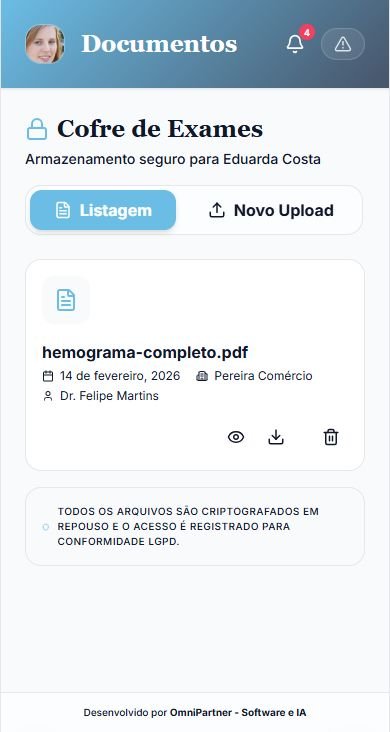 Cofre de Exames do paciente com um laudo em PDF, data, laboratório e profissional responsável, e aviso de criptografia e registro de acesso conforme a LGPD.
