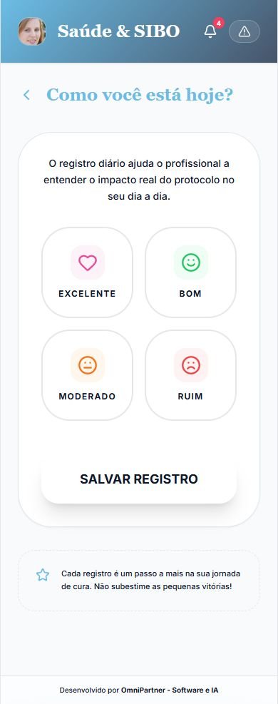 Tela do aplicativo com a pergunta “Como você está hoje?” e quatro opções: Excelente, Bom, Moderado e Ruim, acima do botão Salvar registro.